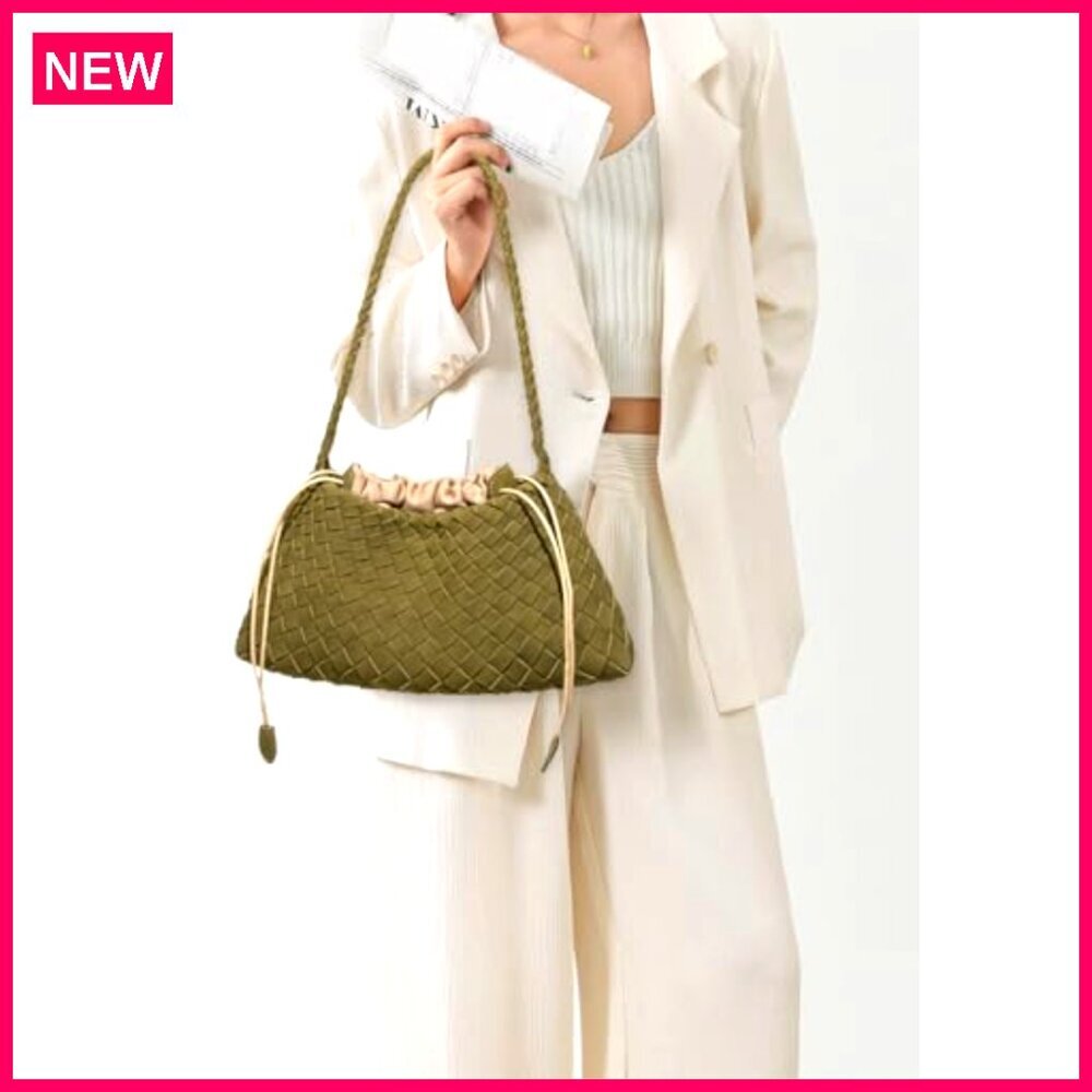 Suede Woven Hobo Tote Bag, 12.6" Capacity, PU Leather Shoulder Purse - Picture 3 of 8